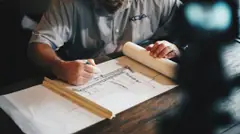 Arquiteto desenhando uma planta com lápis e régua sobre a prancheta